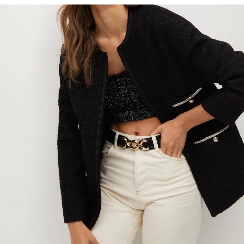 Mango MNG Black Bouclé Tweed Jacket Gold Chain Trim Quiet Luxury Blazer